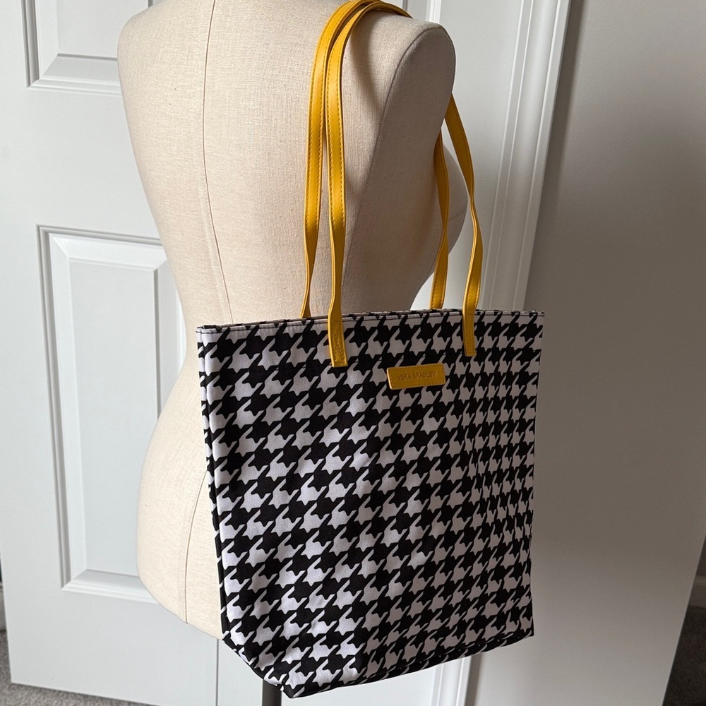 Vera Bradley Tote Bag in the "Midnight Houndstooth" pattern with yellow straps - Picture 9 of 10